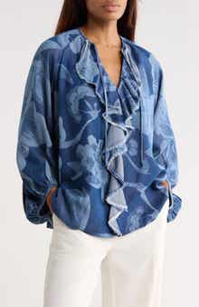 Diane von Furstenberg Nicky Floral Balloon Sleeve Chambray Top