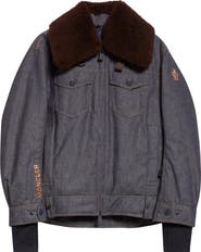 Moncler Grenoble Yunque Denim Down Trucker Jacket with Genuine Shearling Collar