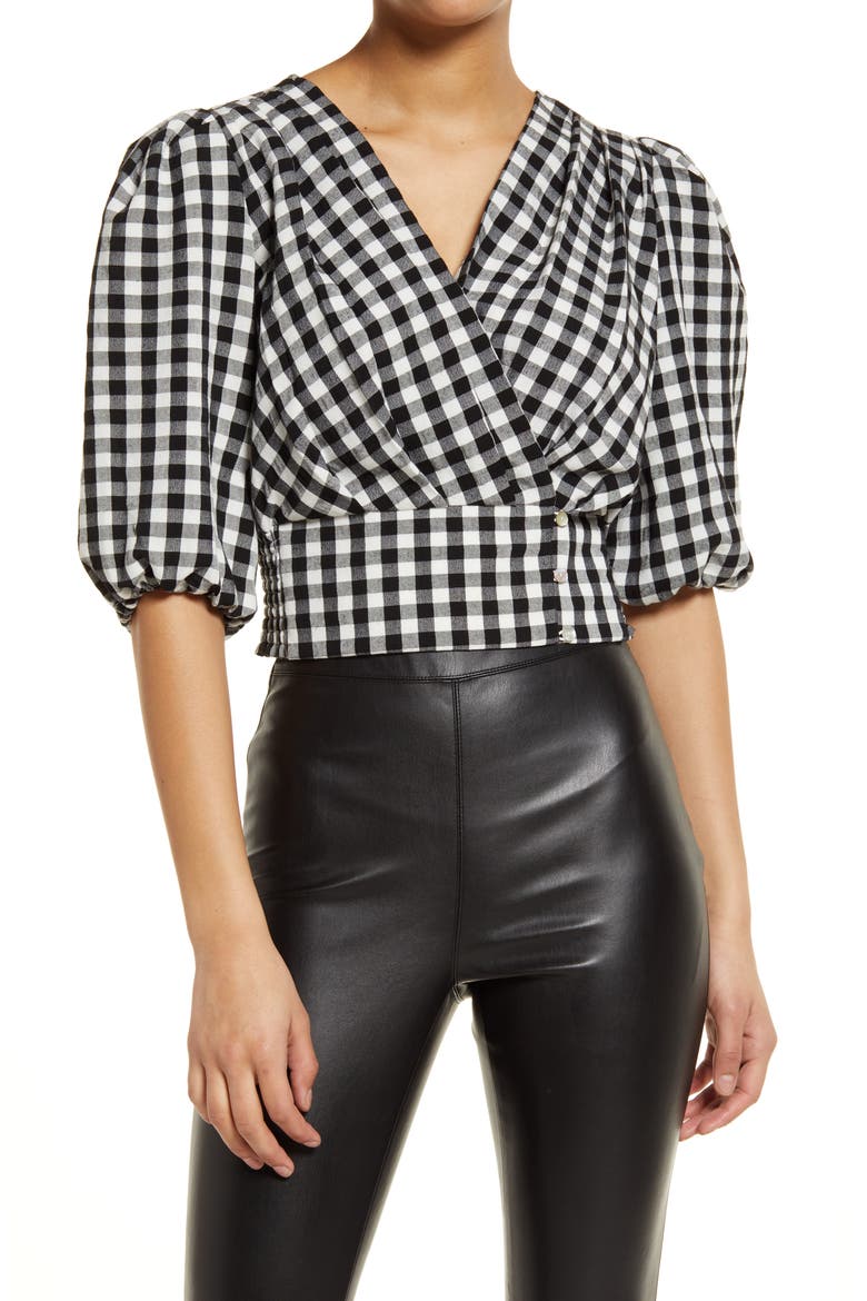 Karma Gingham Crop Wrap Top, Main, color, SNOW WHITE W/ BLACK CHECK