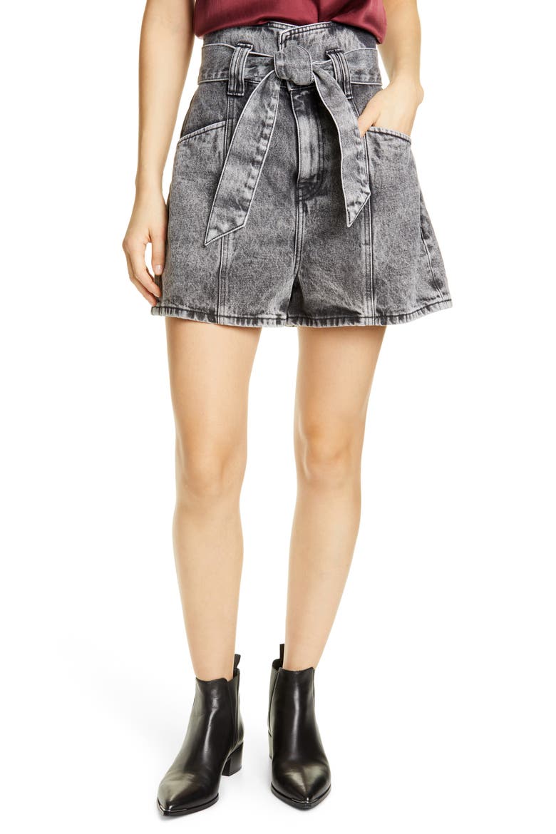 Voukko Tie Waist Denim Shorts, Main, color, SNOW BLACK