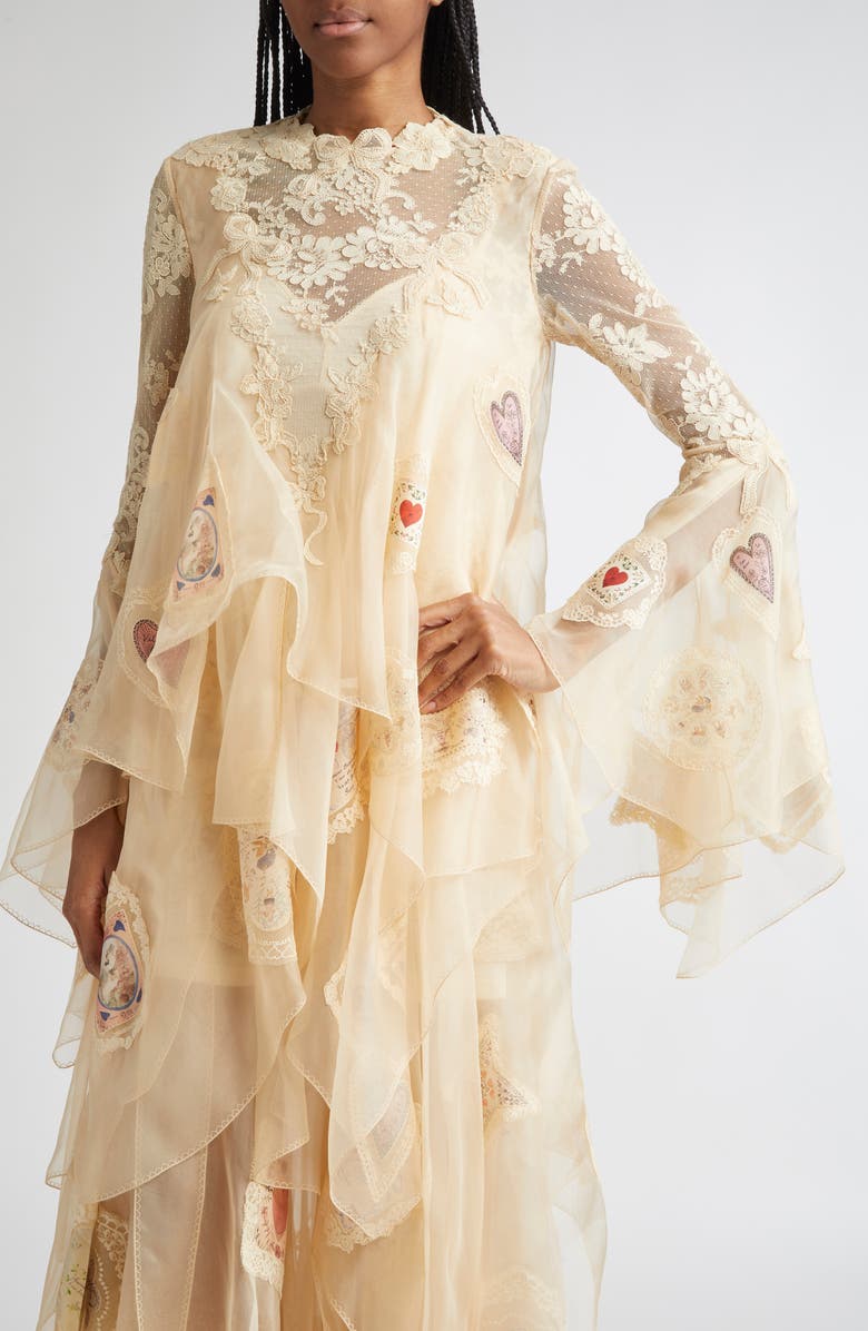 Zimmermann Hypnotic Cascading Semisheer Long Sleeve Lace Silk Gown, Alternate, color, Cream