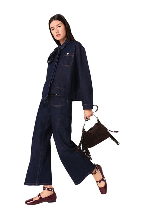 Maje Denim Shirt With Pussy Bow In Blue