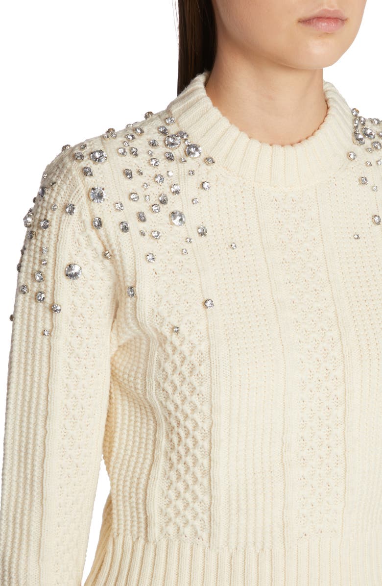 Golden Goose Crystal Embellished Virgin Wool Cable Knit Crewneck Sweater, Alternate, color, Lambs Wool