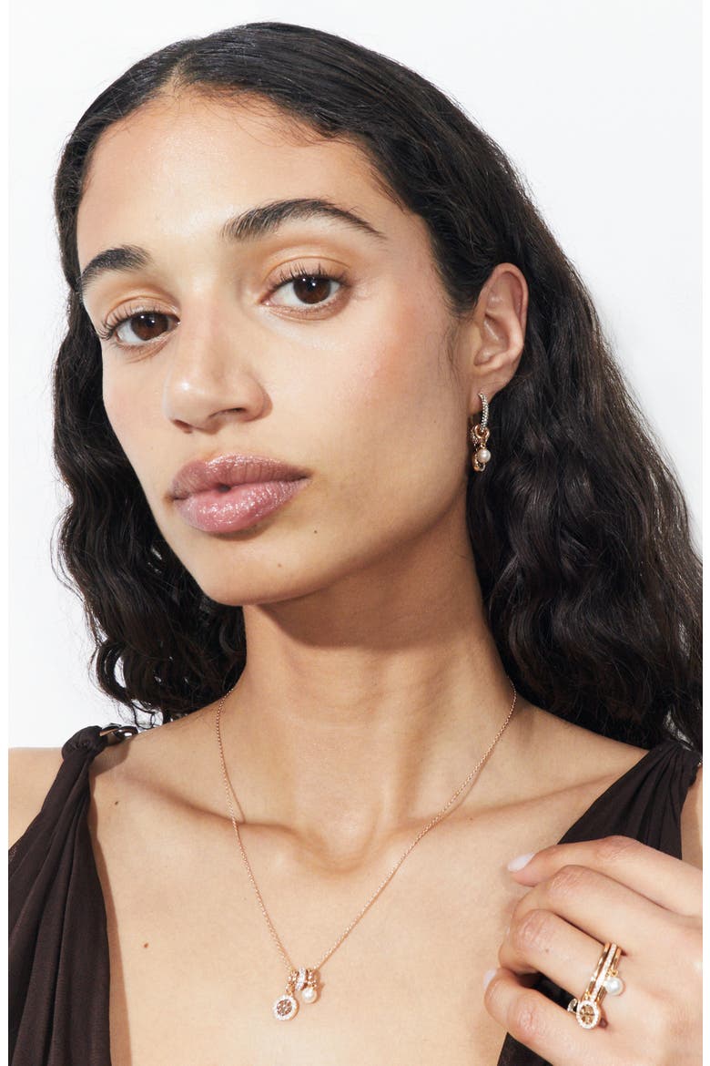 Icon Pavé Hoop Charm Earrings, Alternate, color, TORY GOLD / CRYSTAL / PEARL