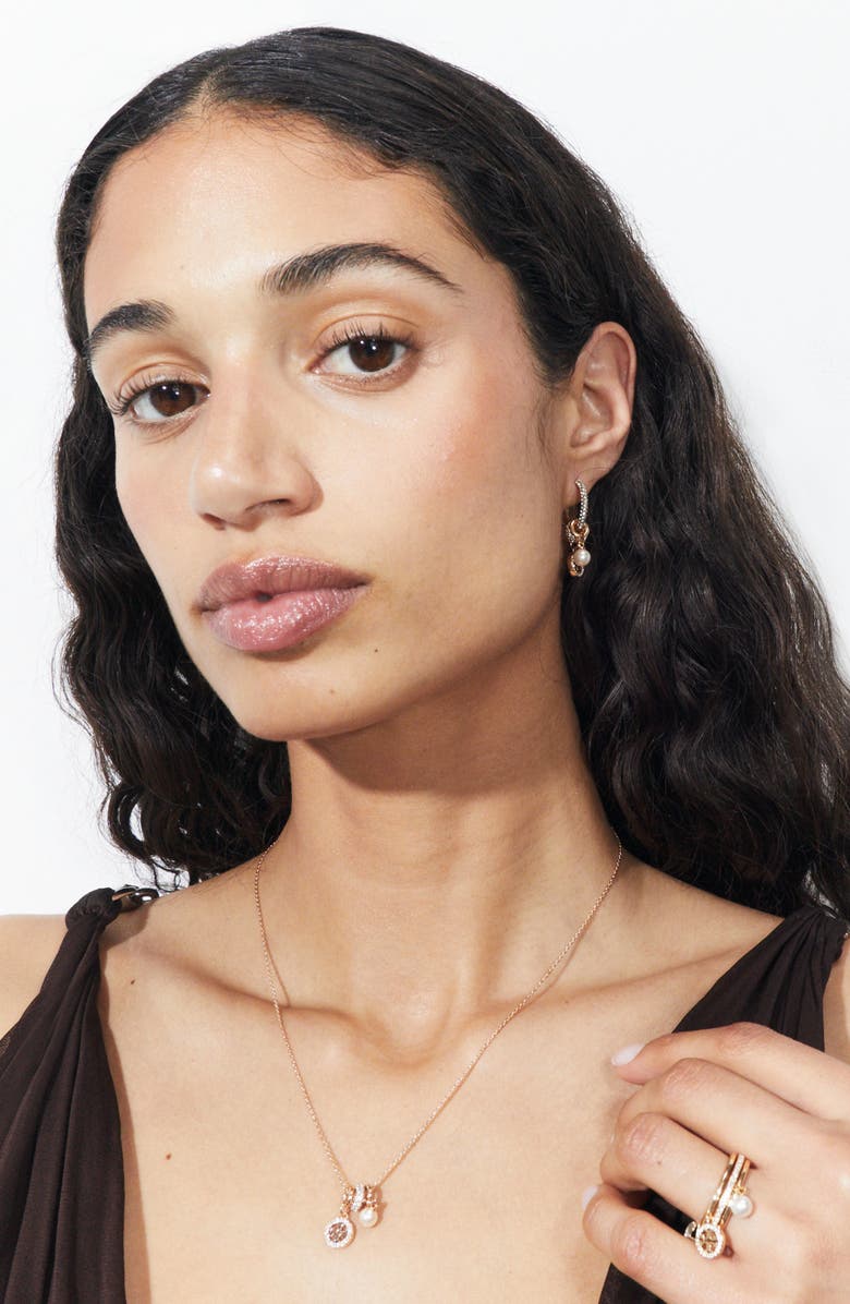 Tory Burch Icon Pavé Hoop Charm Earrings, Alternate, color, Tory Gold / Crystal / Pearl