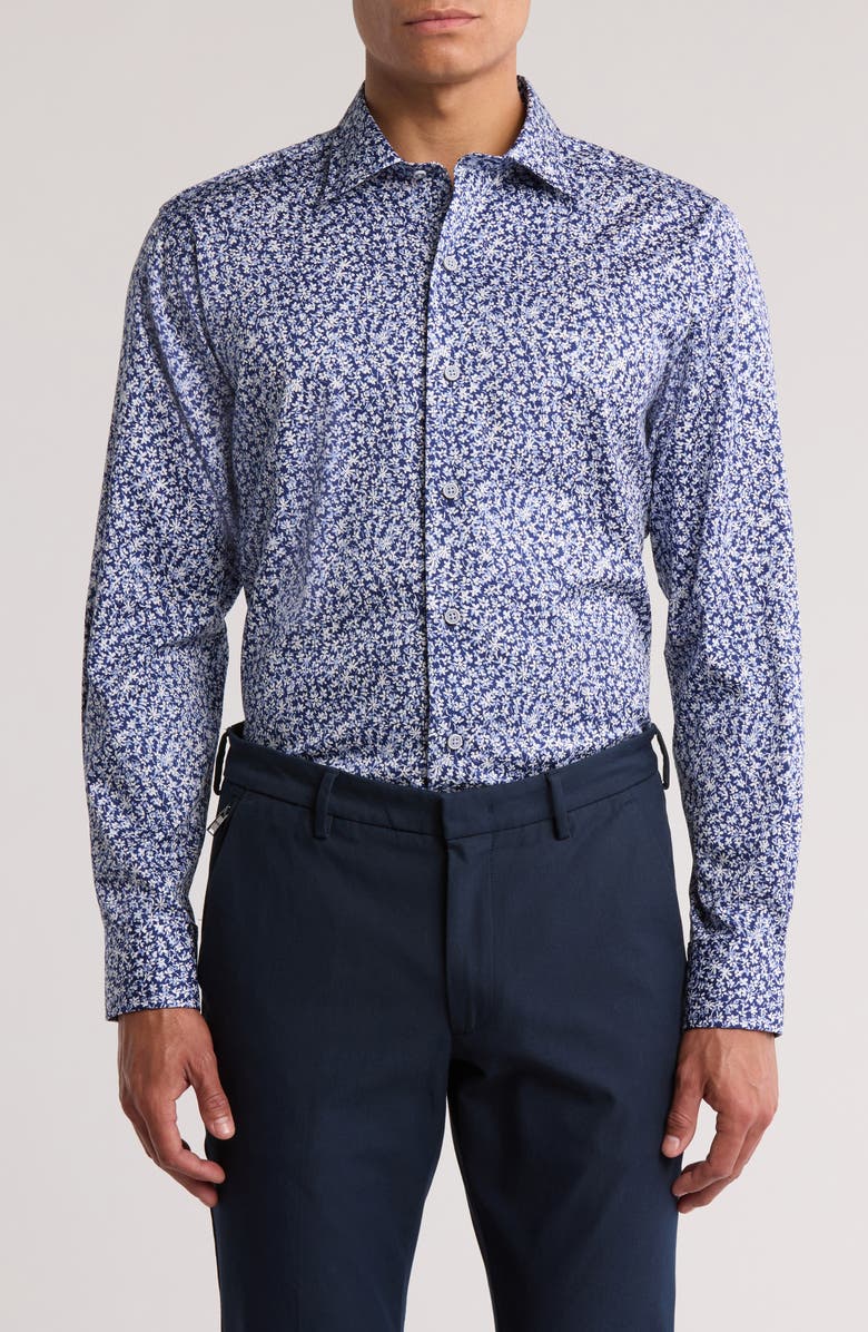 David Donahue Floral Print Pima Cotton Dobby Sport Shirt, Main, color, Navy/ White