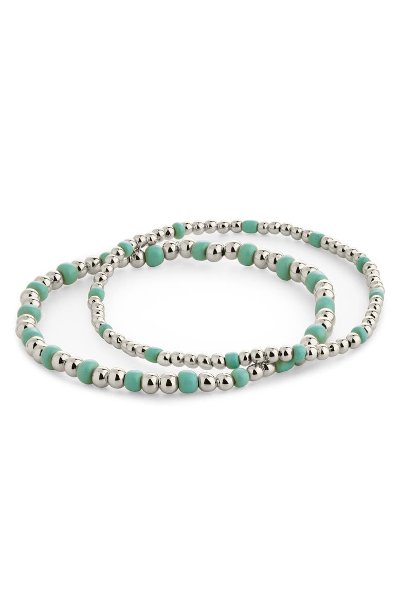 Sterling Forever Set of 2 Misty Stretch Beaded Bracelets, Main, color, Silver