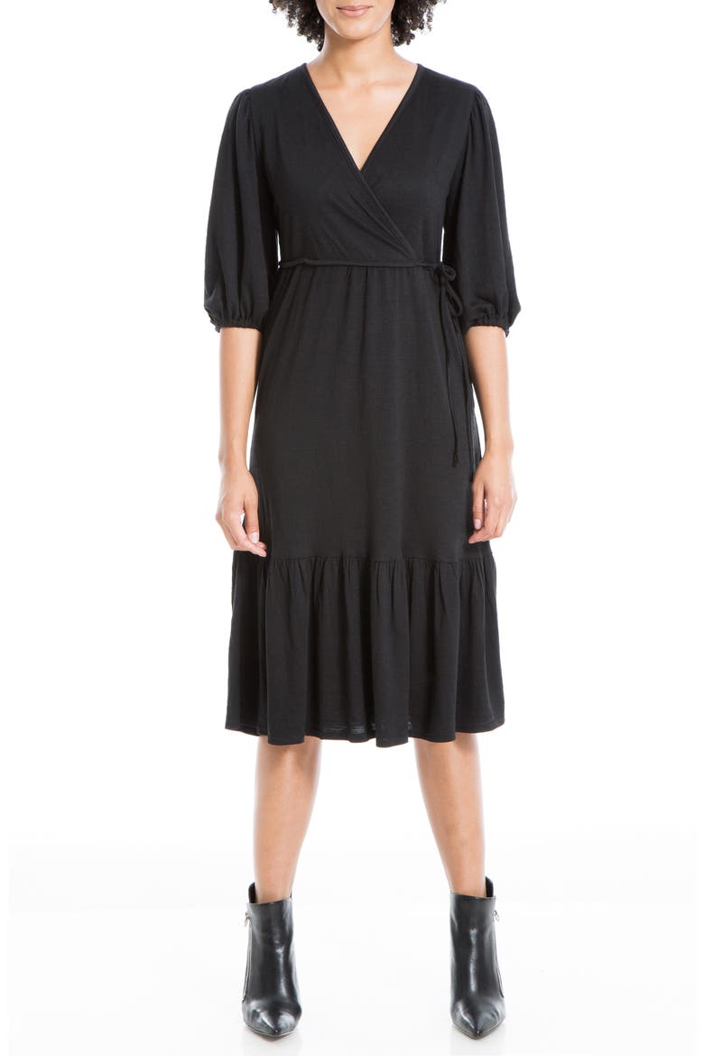 Elbow Length Sleeve Crinkled Jersey Wrap Dress, Main, color, BLACK-BLACK