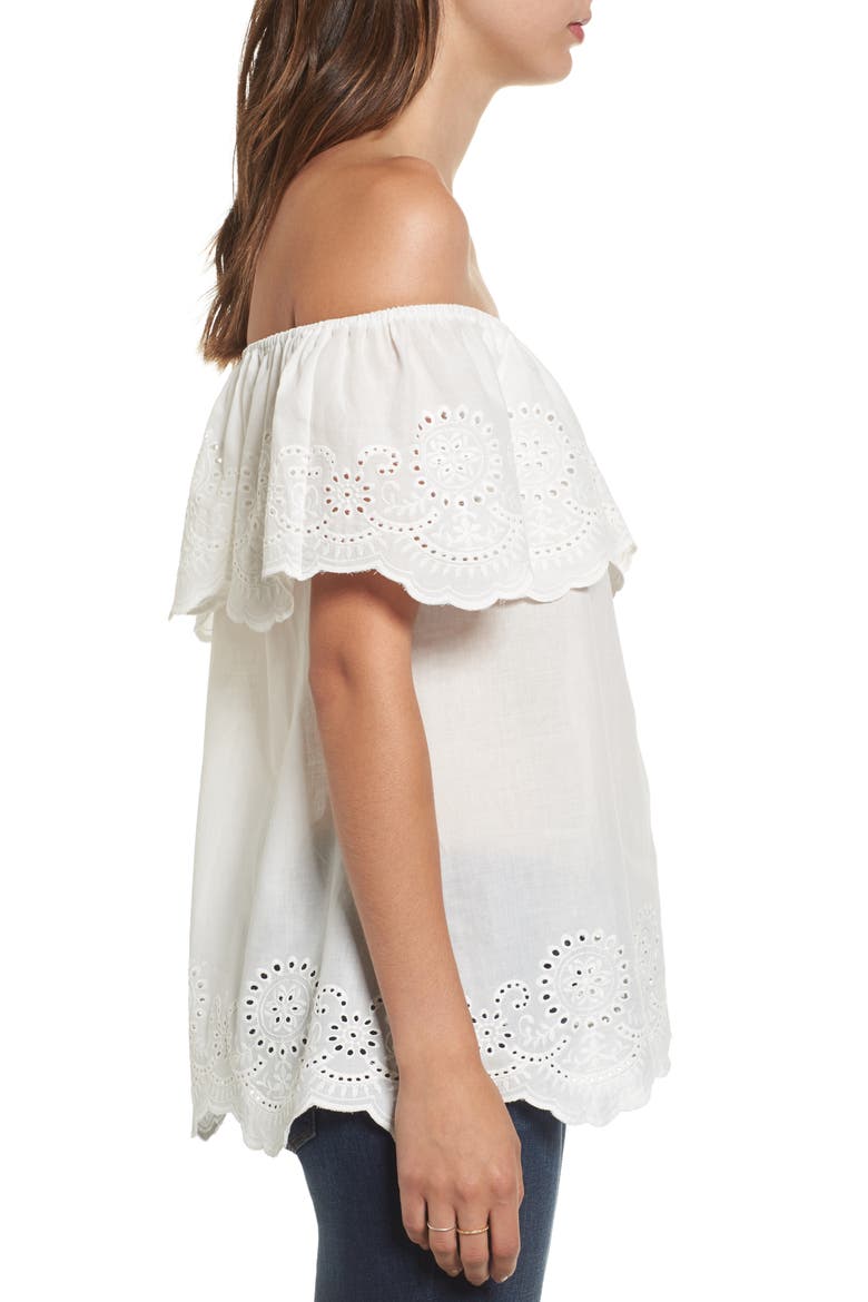 Eyelet Ruffle Off the Shoulder Top, Alternate, color, WHITE