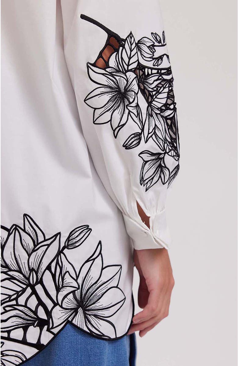 Anne Fontaine Women's Shirt Leonie White Long Sleeve Cotton Poplin Shirt With Black Embroidered Flowers, Alternate, color, Black/White