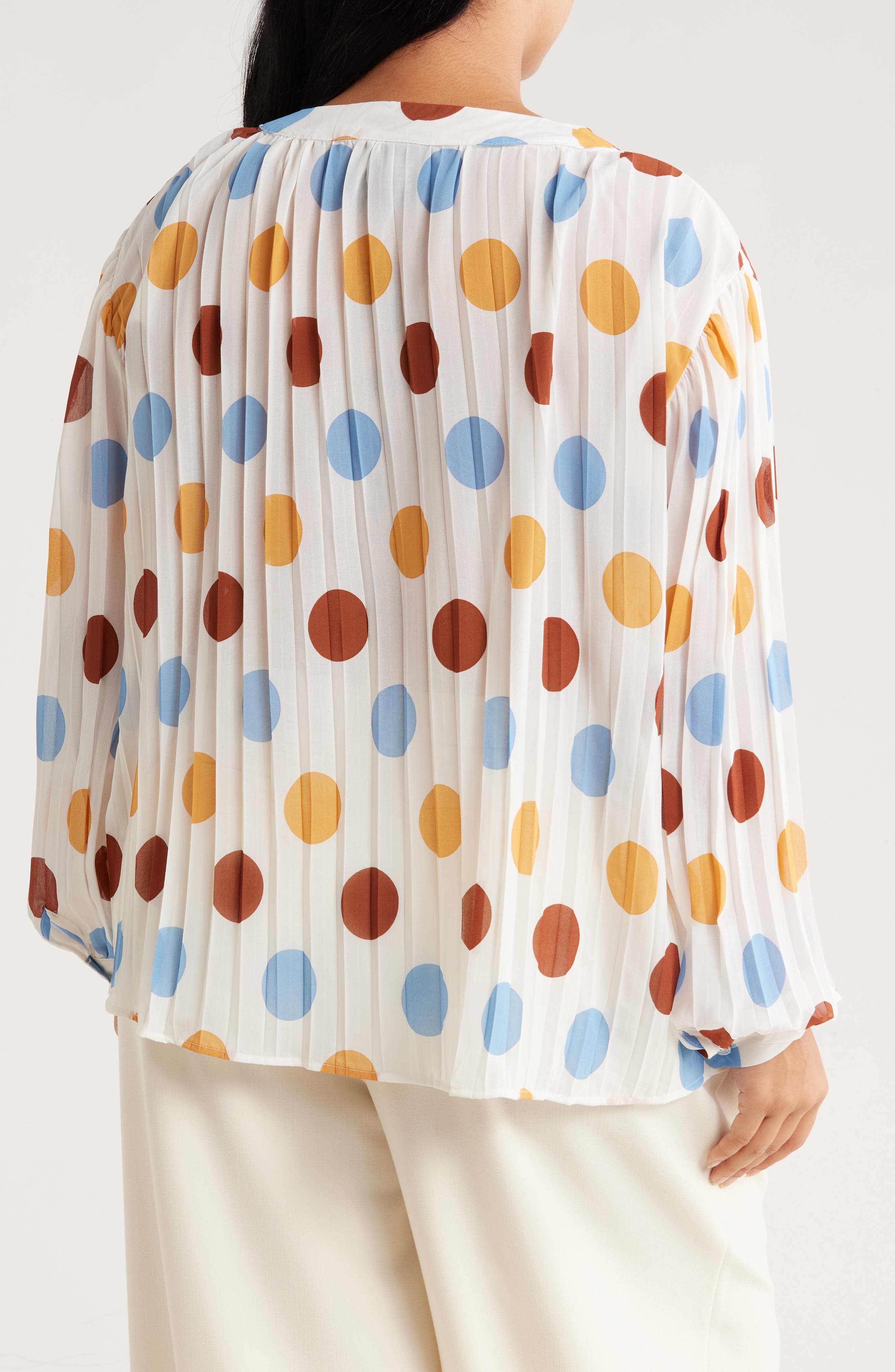 Polka Dot Long Sleeve Pleated Button-Up Top - image 2