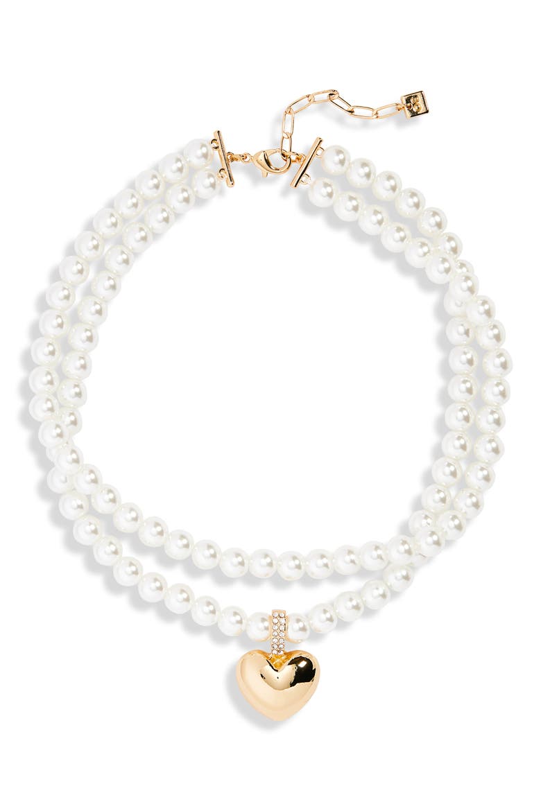 Faux Pearl Layered Heart Charm Necklace, Main, color, WHITE- GOLD