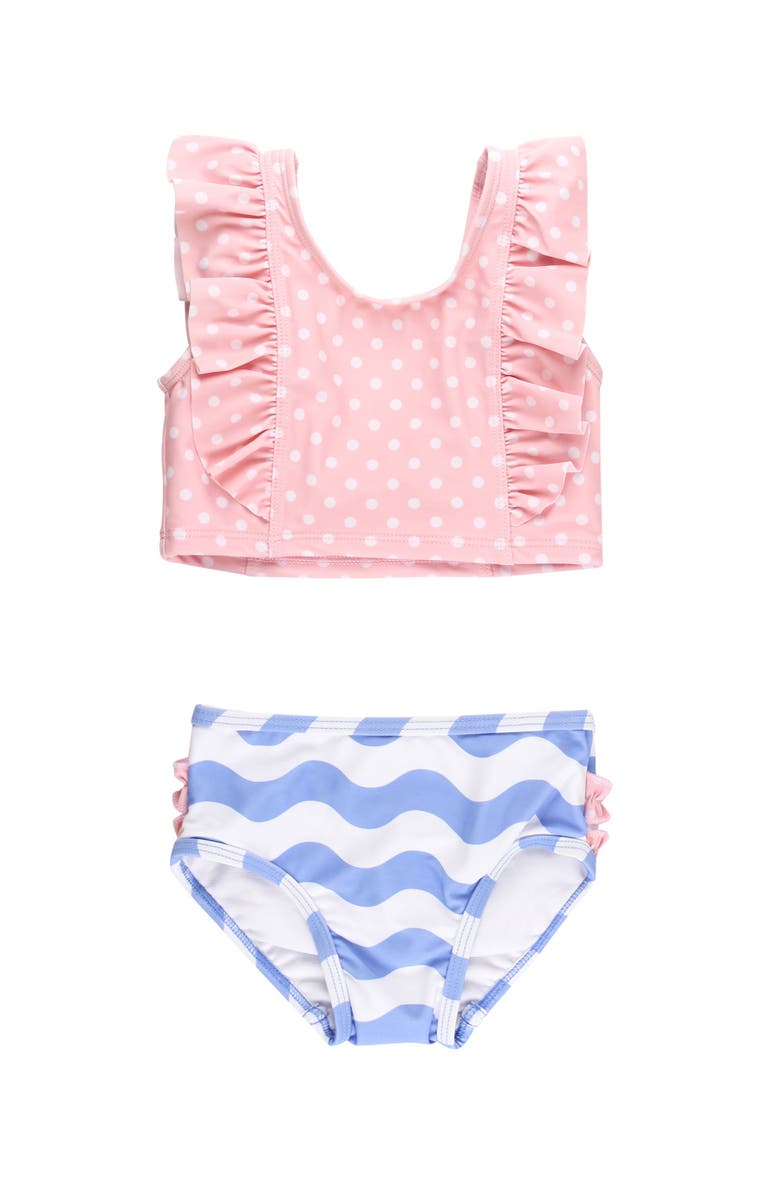 RuffleButts UPF50 Waterfall Tankini, Main, color, Periwinkle Blue Wavy Stripe