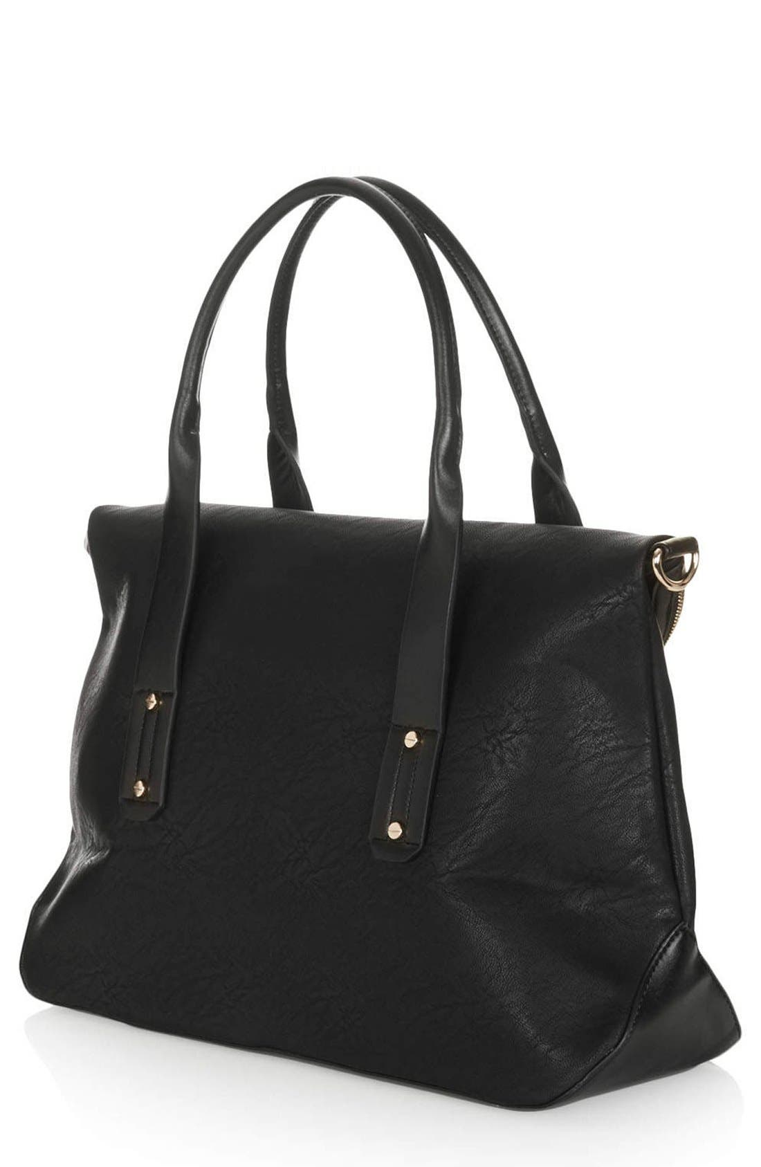 Foldover Faux Leather Holdall Bag, Alternate, color, BLACK