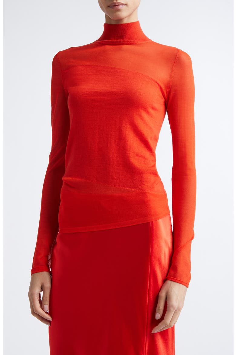 Sheer Inset Merino Wool Turtleneck Sweater, Alternate, color, PAPAYA