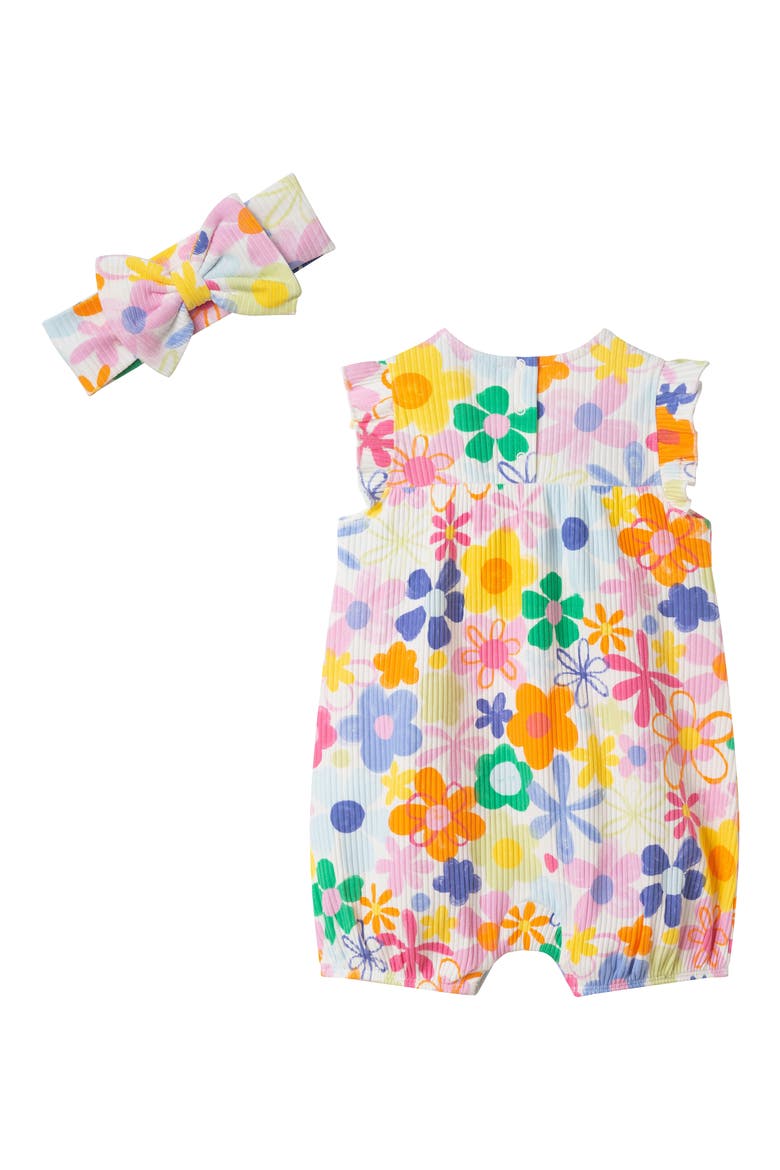 Floral Rib Stretch Cotton Bubble Romper & Bow Head Wrap Set, Alternate, color, WHITE MULTI