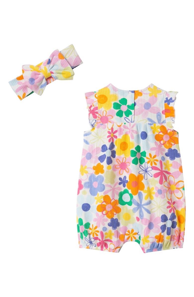 Andy & Evan Floral Rib Stretch Cotton Bubble Romper & Bow Head Wrap Set, Alternate, color, White Multi