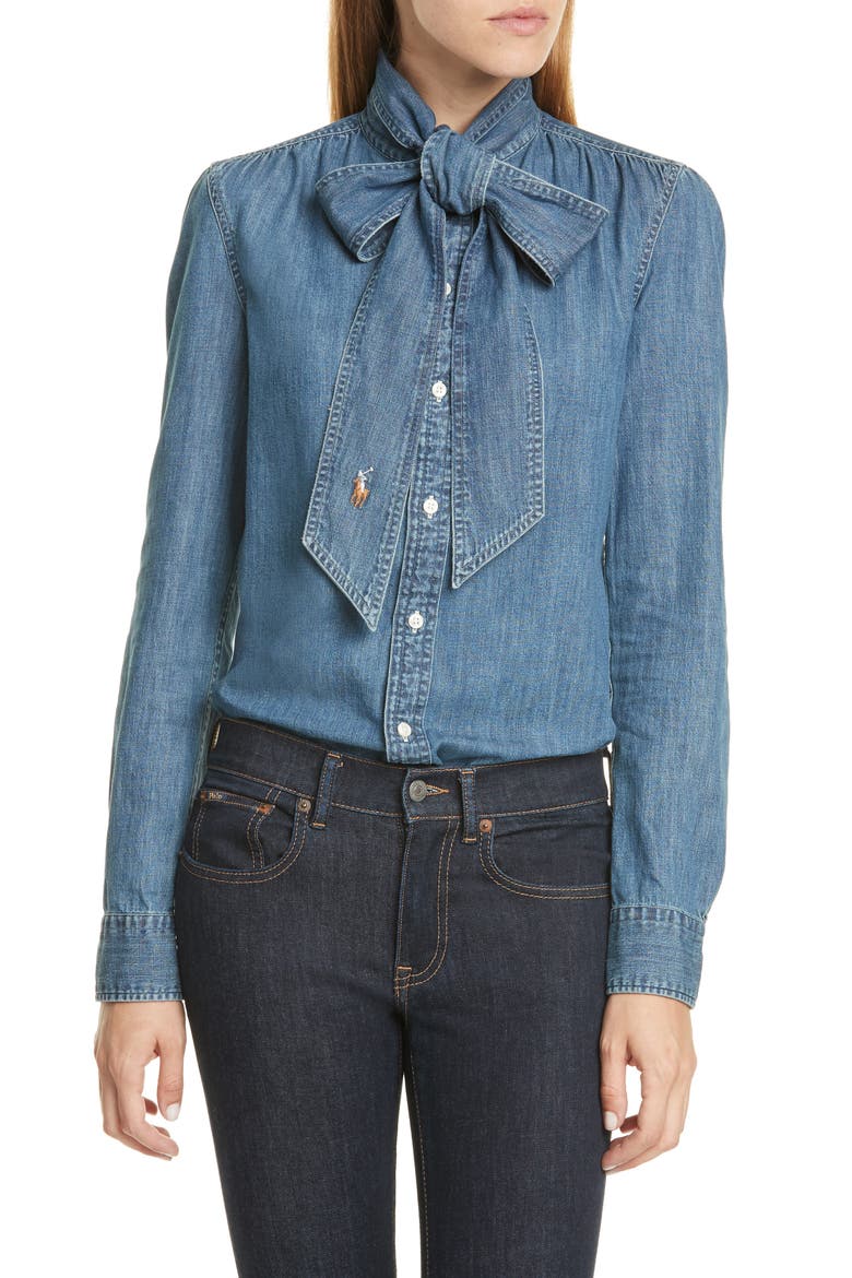 Tie Neck Button-Up Denim Shirt, Main, color, MEDIUM INDIGO