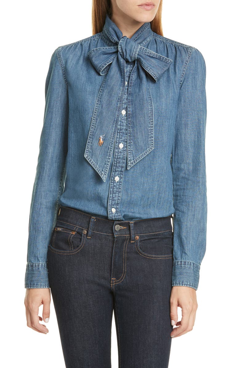 Polo Ralph Lauren Tie Neck Button-Up Denim Shirt, Main, color, 