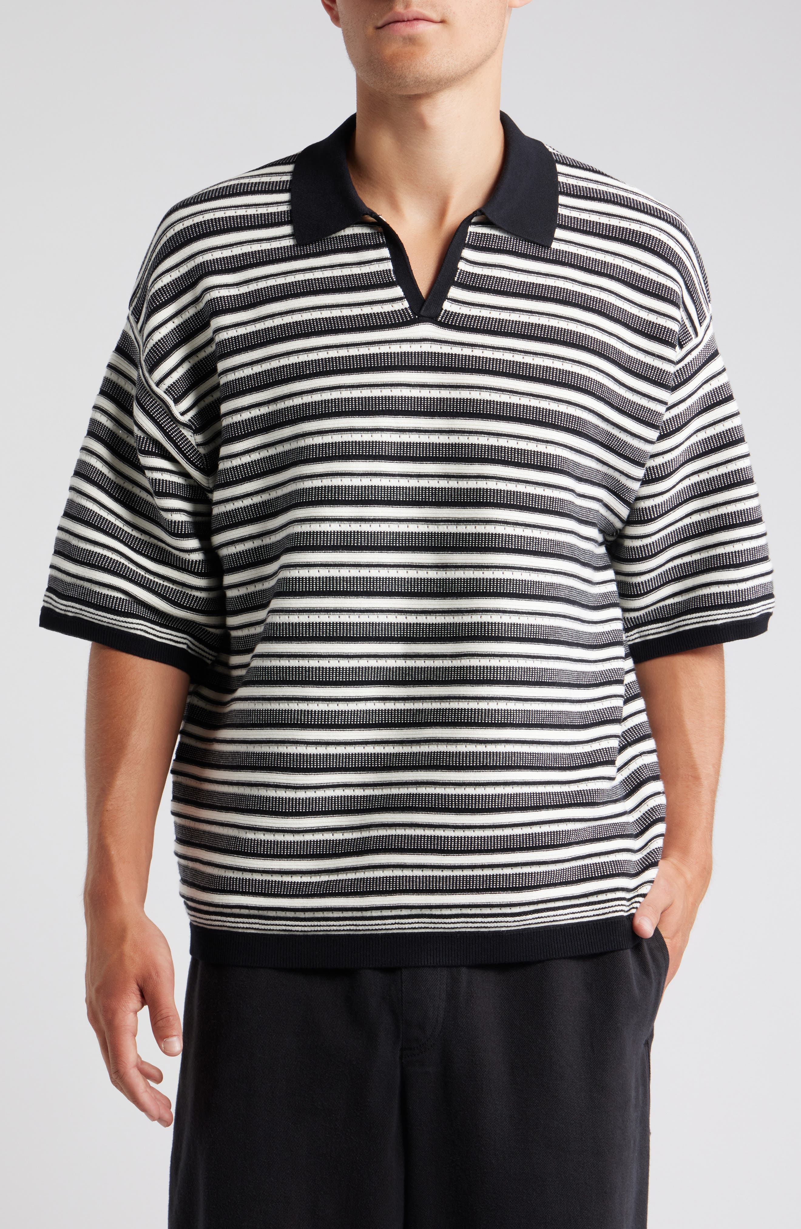 Topman Oversize Textured Stripe Johnny Collar Polo