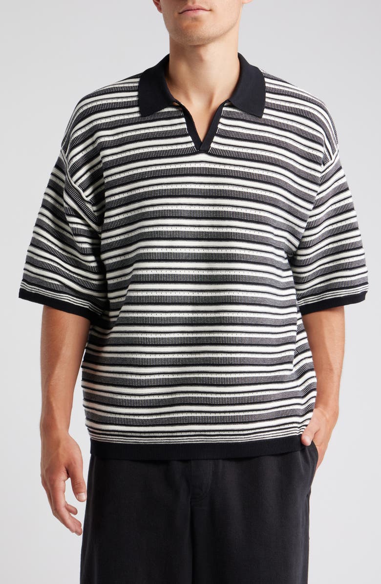 Topman Oversize Textured Stripe Johnny Collar Polo, Main, color, Black Multi