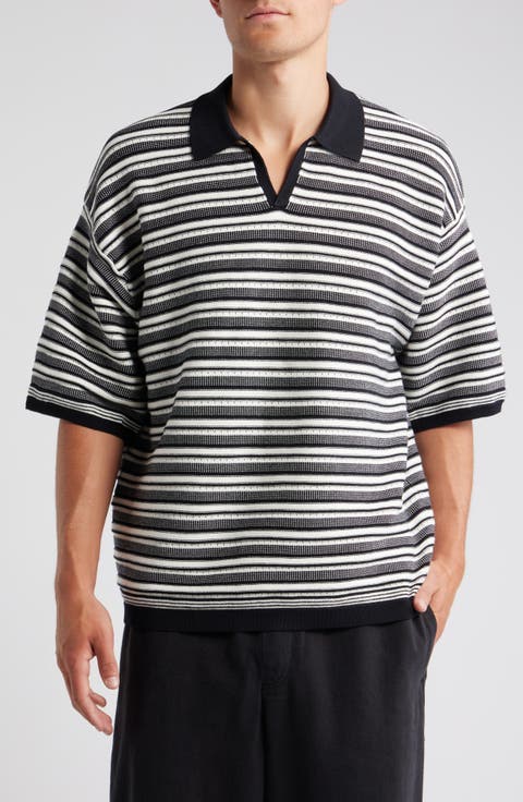 Oversize Textured Stripe Johnny Collar Polo
