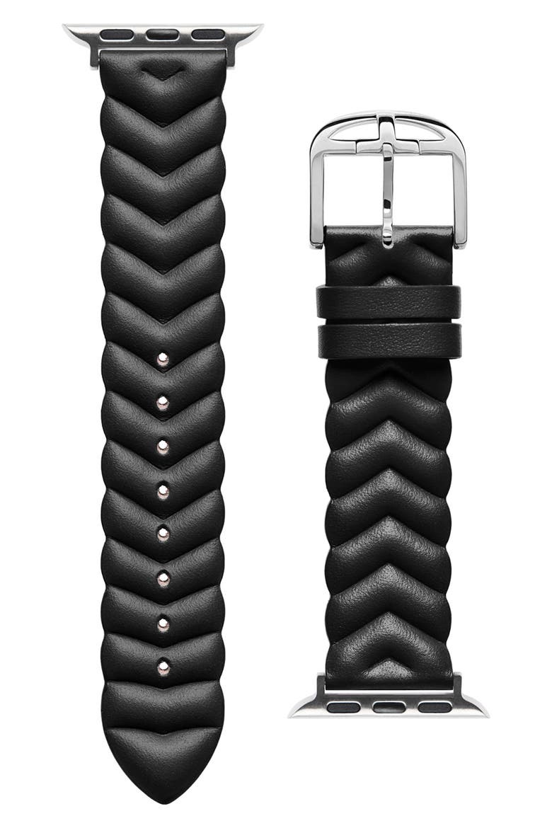 Chevron Leather 20mm Apple Watch® Watchband, Main, color, BLACK