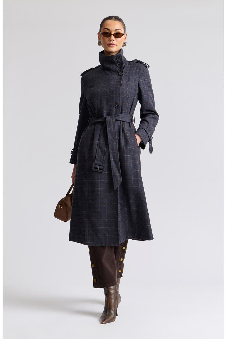 Relaxed Belted Funnel Neck Coat, Alternate, color, NAVY - GREY PLAID