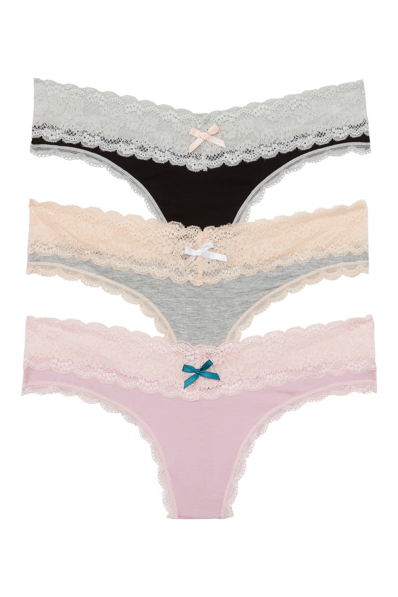 Intimates 3-Pack Lace Thong, Main, color, BLACK/ HEATHER GREY/ PRIMROSE