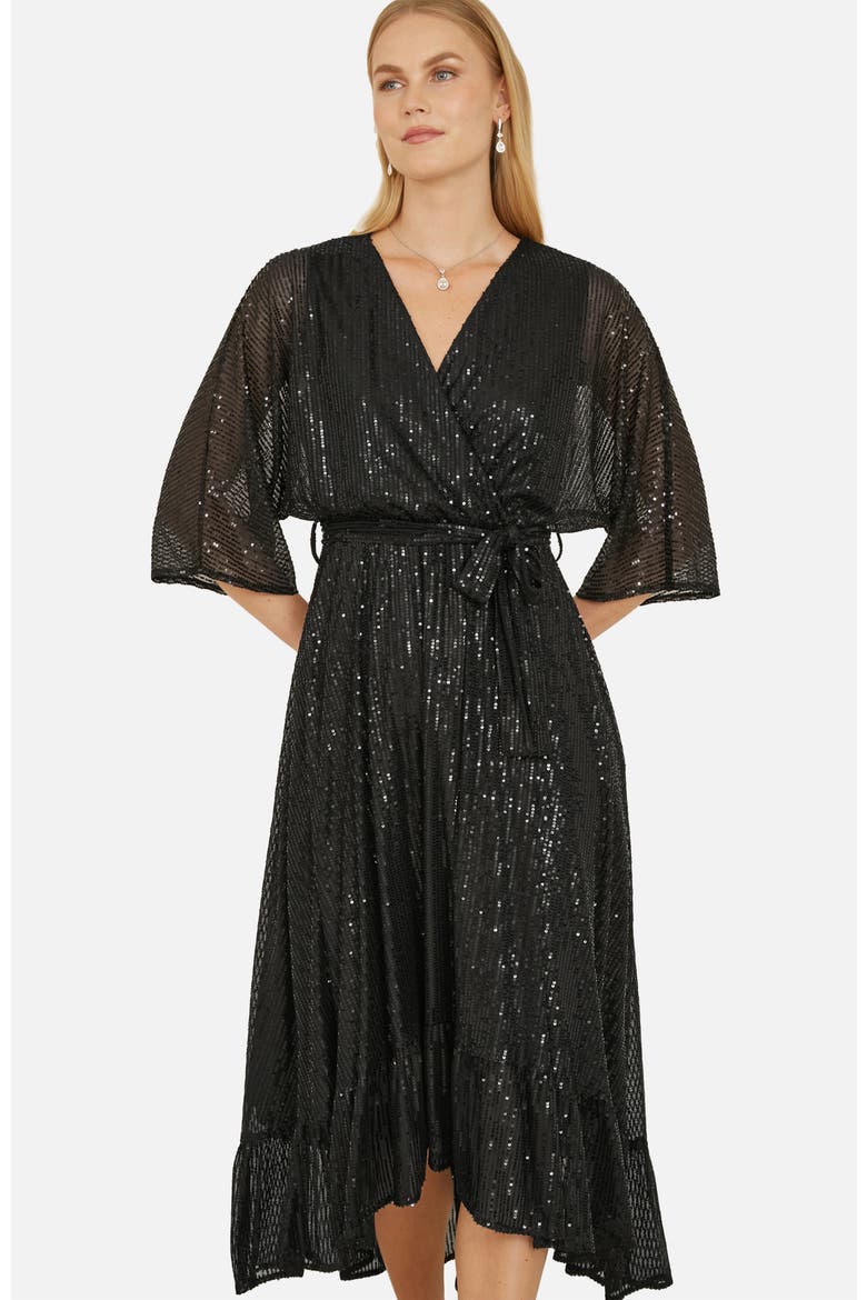 Sequin Midi Wrap Dress, Alternate, color, Black