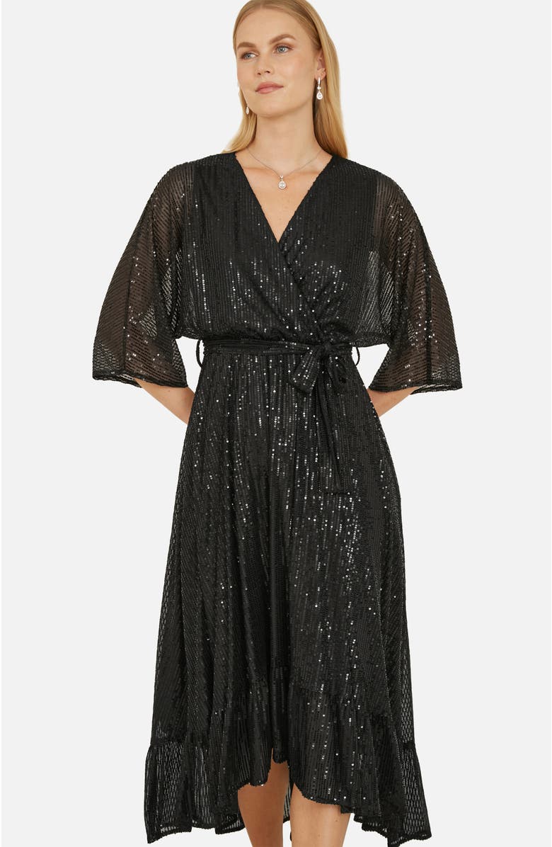 Yumi Sequin Kimono Midi Wrap Dress, Alternate, color, Black