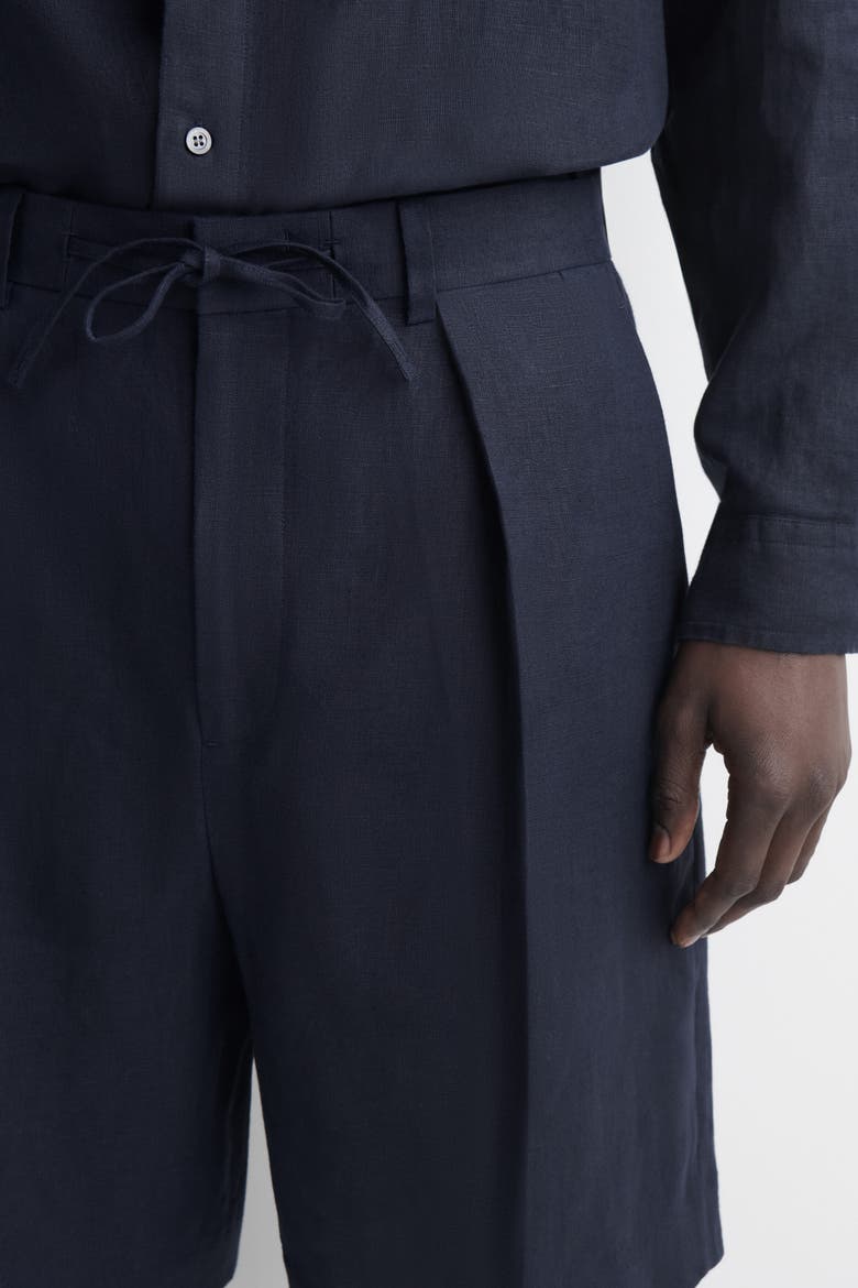 Pleated Linen Drawstring Shorts, Alternate, color, NAVY