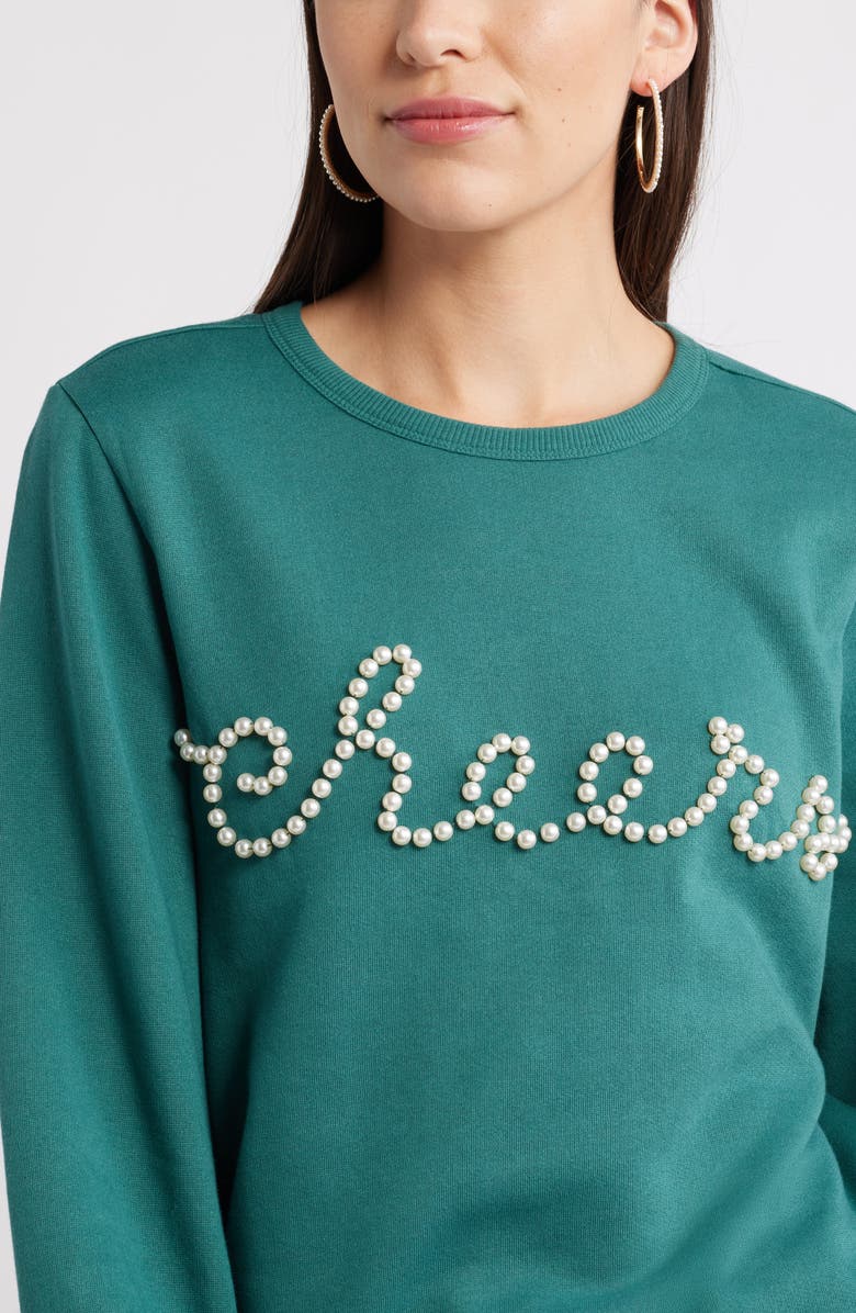 Caslon<sup>®</sup> Gretchen Imitation Pearl Embellished Balloon Sleeve Sweatshirt, Alternate, color, Green Jasper Embellishment