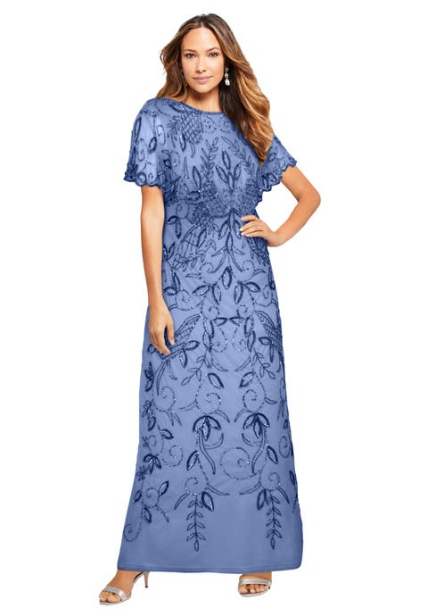 Plus Size Beaded Capelet Maxi Gown Glam Evening Dress (Plus)