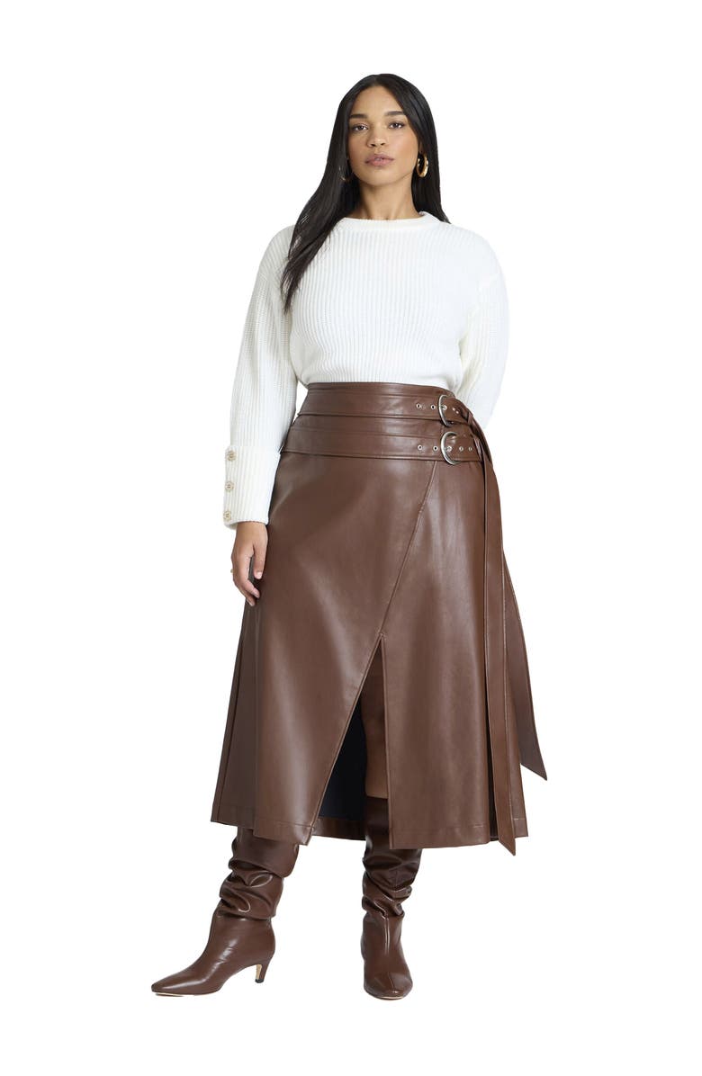ELOQUII Double Belt Wrap Faux Leather Skirt, Main, color, Rocky Road