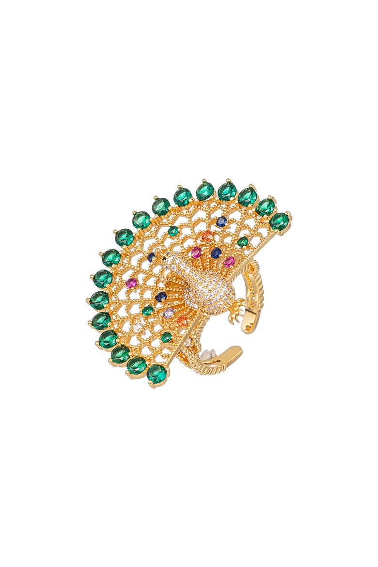 Peacock Cubic Zirconia Adjustable Ring, Main, color, GOLD
