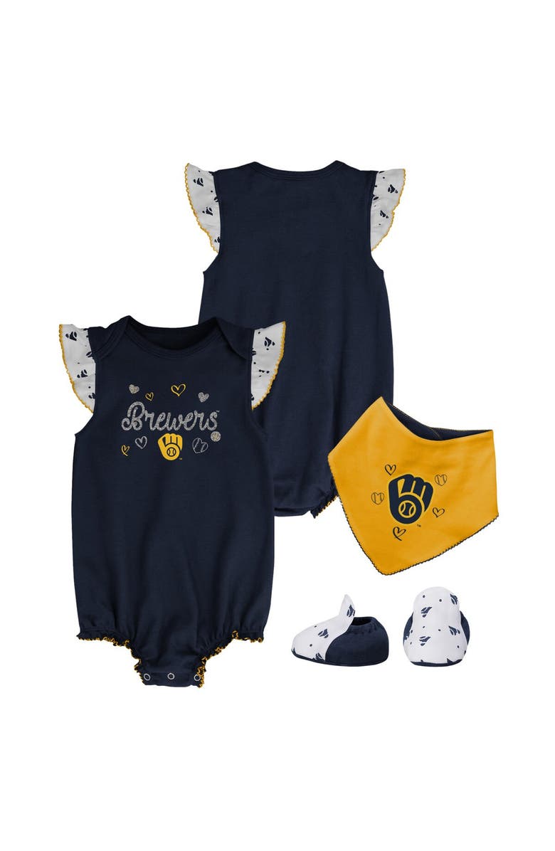 Outerstuff Girls Newborn & Infant Navy Milwaukee Brewers 3-Piece Home Plate Bodysuit Bib & Booties Set, Main, color, 