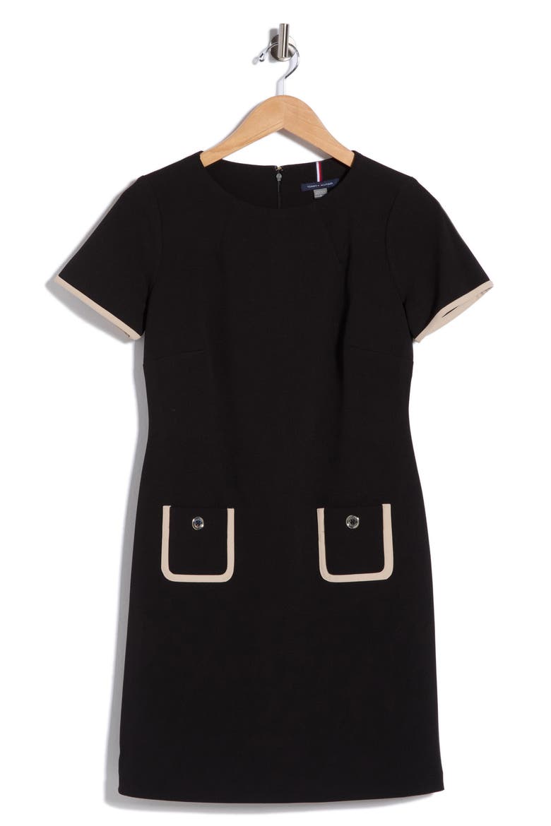 Short Sleeve Scuba Crepe Contrast Trim Dress, Alternate, color, BLACK/ KHAKI