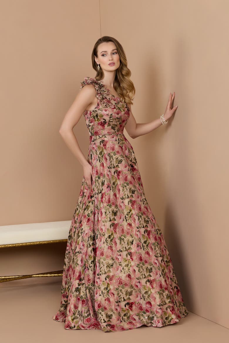 One Shoulder Velvet Floral Ball Gown, Alternate, color, Pink Multi