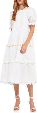 English Factory Contrast Scalloped Trim Cotton Midi Dress
