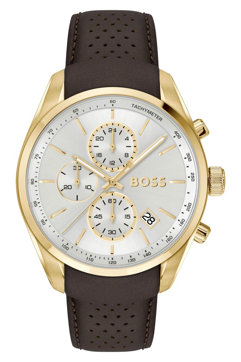 Grand Prix Leather Strap Watch, 44.5mm, Main, color, SILVER WHITE