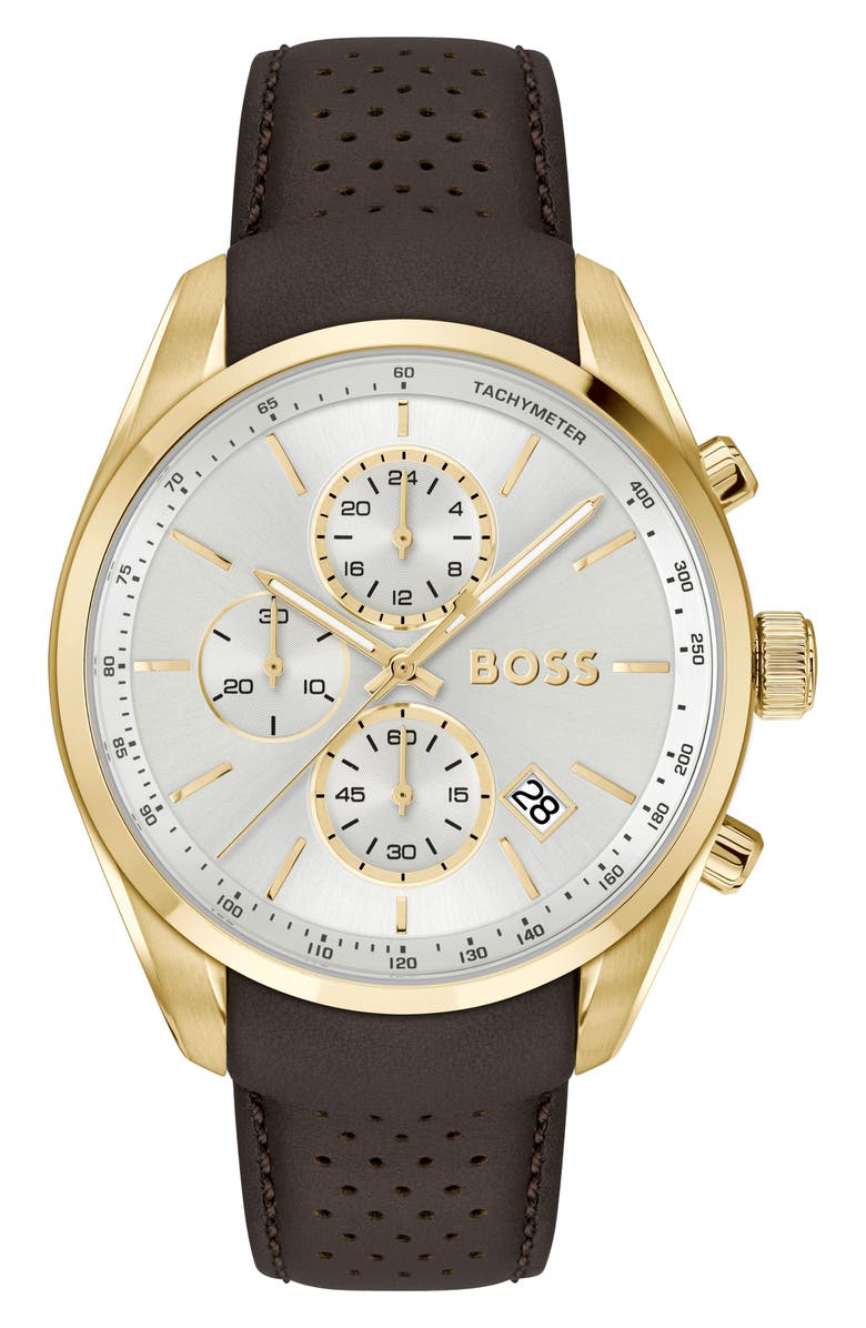 BOSS Grand Prix Leather Strap Watch, 44.5mm, Main, color, Silver White