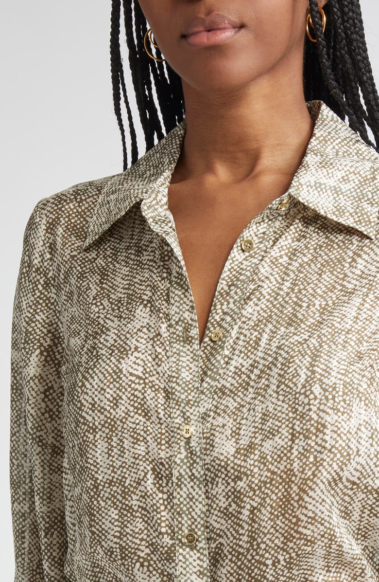 Ramy Brook Pauline Abstract Snakeskin Print Silk Blend Button-Up Shirt, Alternate, color, Olive Baja Dot