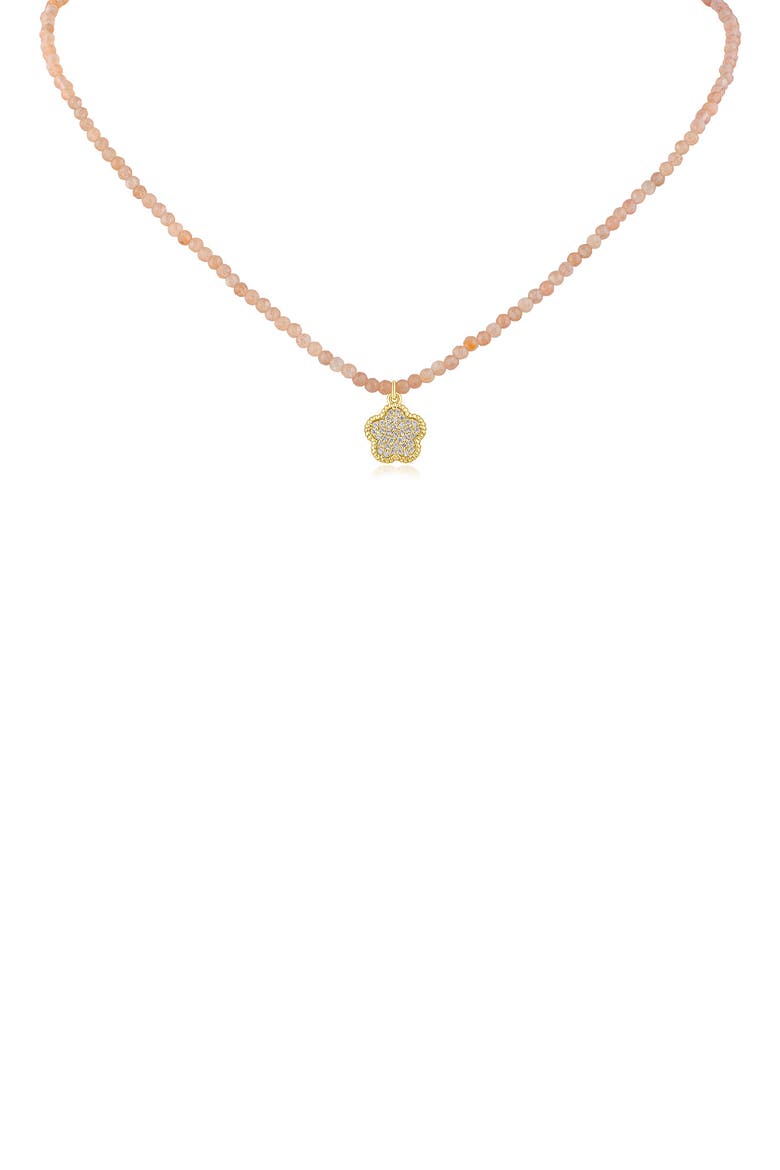 Pavé Cubic Zirconia Clover Pendant Rose Quartz Beaded Necklace, Main, color, PINK/ CLEAR GOLD