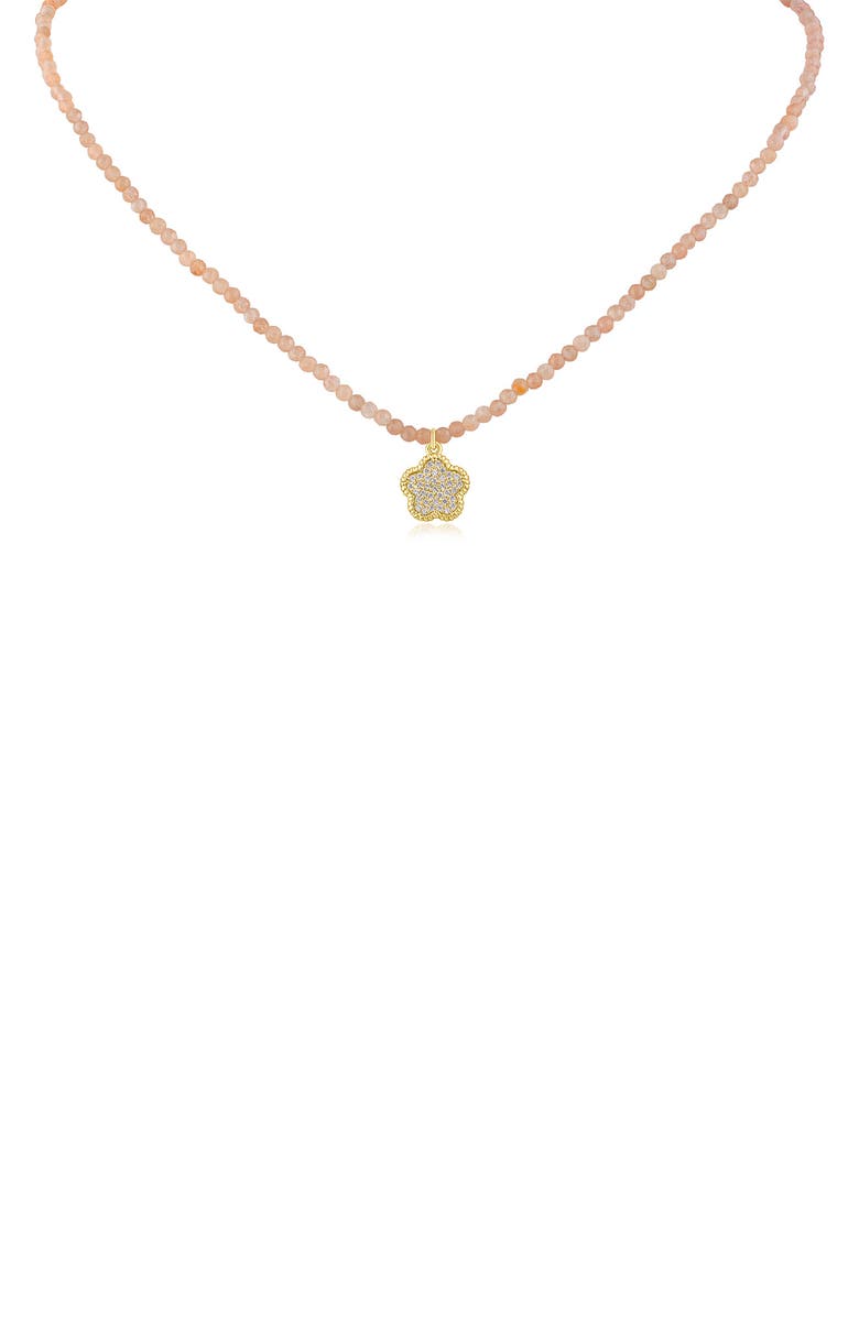 CZ by Kenneth Jay Lane Pavé Cubic Zirconia Clover Pendant Rose Quartz Beaded Necklace, Main, color, Pink/ Clear Gold