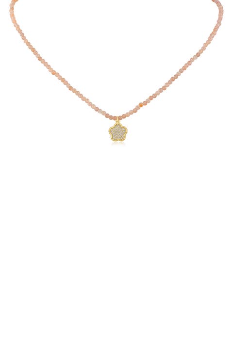 Pavé Cubic Zirconia Clover Pendant Rose Quartz Beaded Necklace