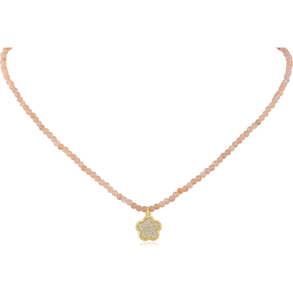 Cz By Kenneth Jay Lane Pavé Cubic Zirconia Clover Pendant Rose Quartz Beaded Necklace In Pink/clear Gold