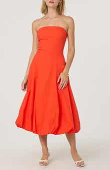 ASTR the Label Strapless Bubble Hem Cotton Poplin Midi Dress