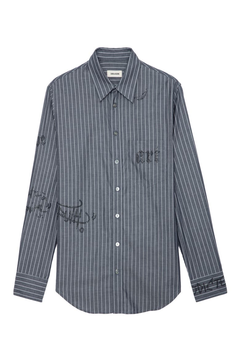 Taskiz Manifesto Stripe Embellished Cotton Button-Up Shirt, Alternate, color, EVENING