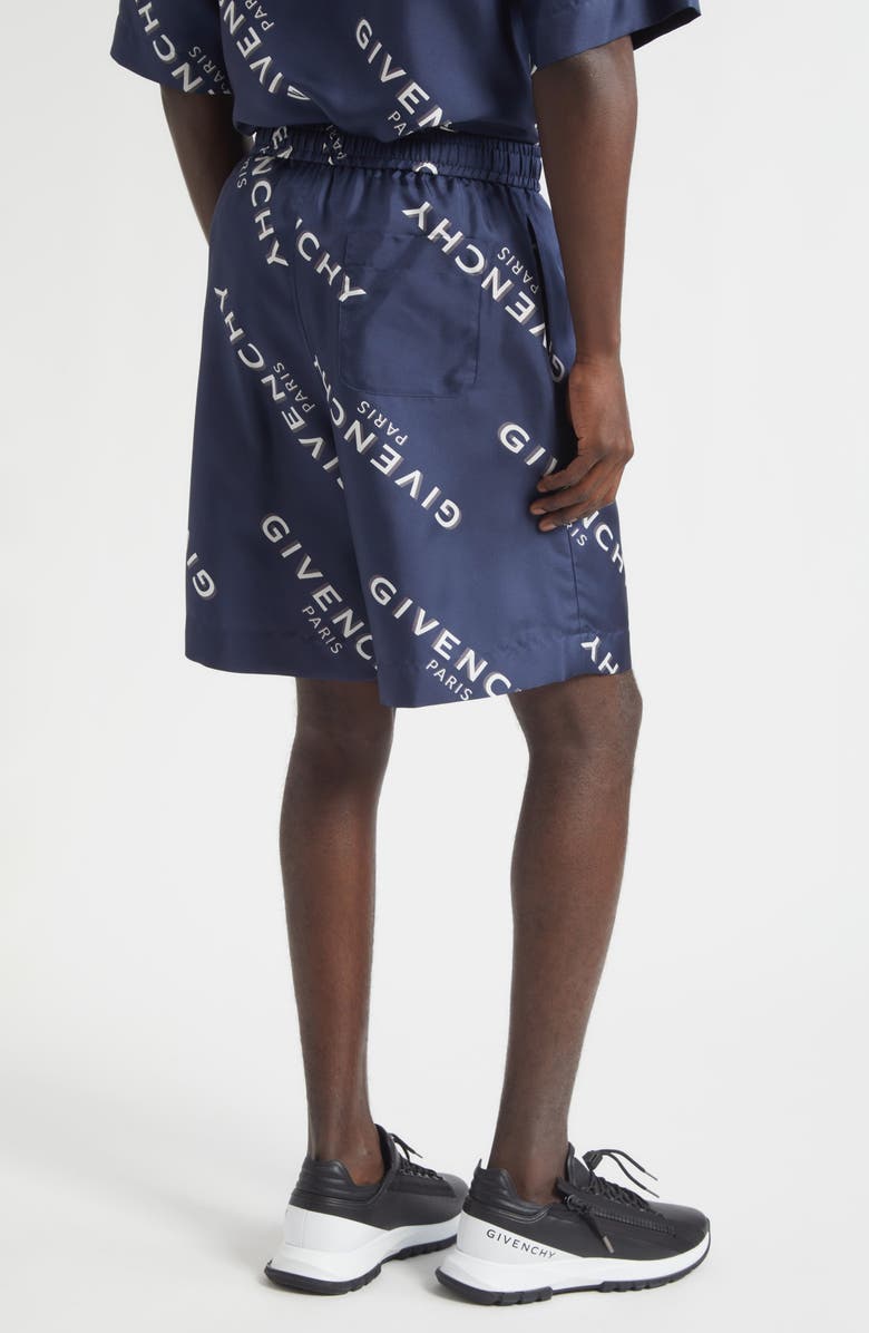Givenchy Logo Print Elastic Waist Silk Shorts, Alternate, color, Navy